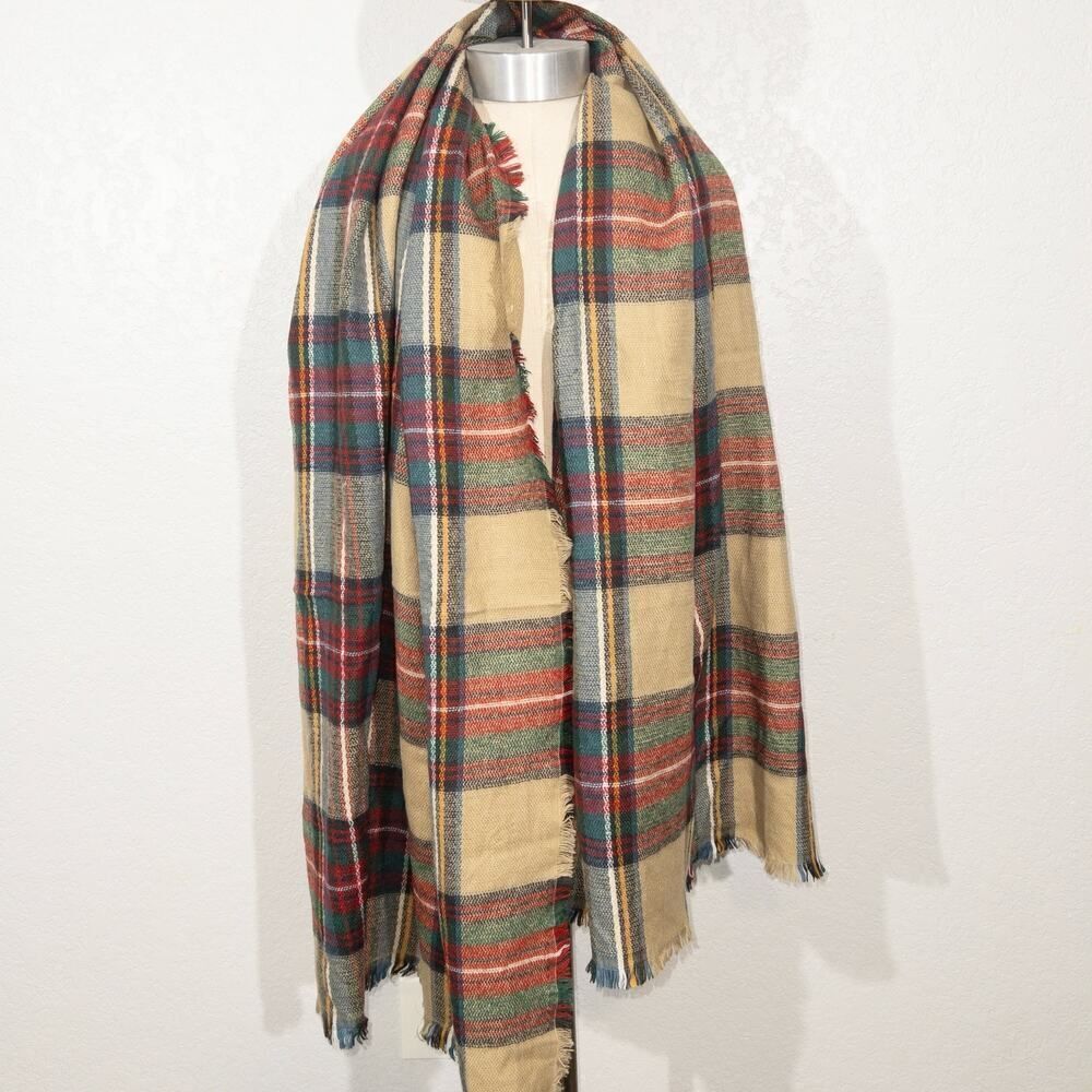 Unbranded Tan Plaid Open Fringe Scarf